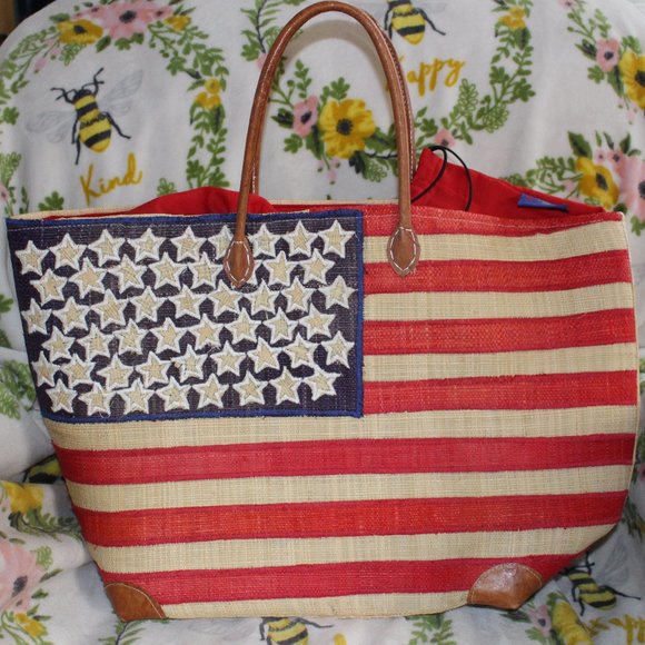 LaCamptain Handbags - American USA Flag Beach Tote Bag by LeCamptain Natural Fibers 21" x 13" Vintage